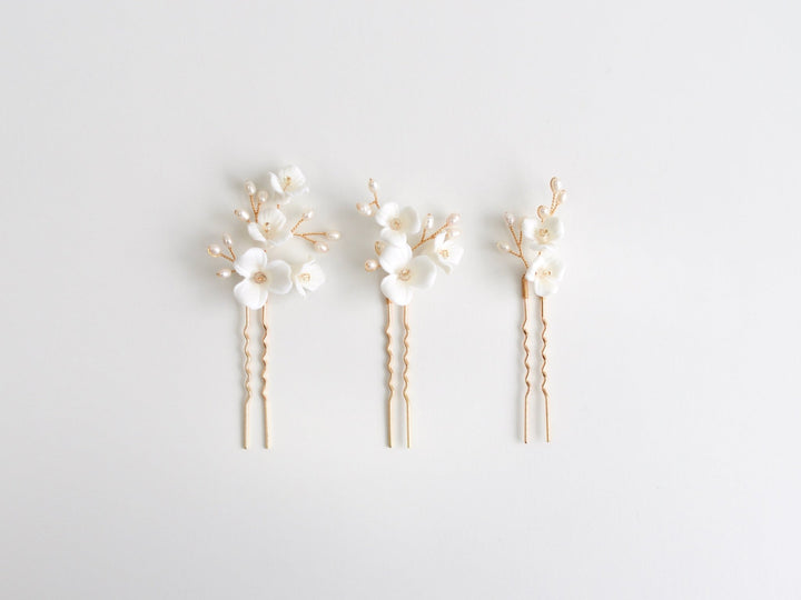 Fleurs Blanches: 3er Haarnadel Set mit echten Perlen | Farbe gold oder silber