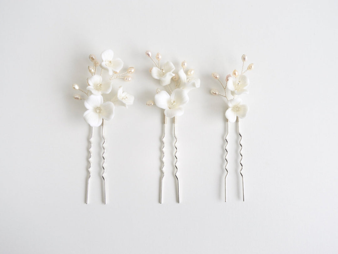 Fleurs Blanches: 3er Haarnadel Set mit echten Perlen | Farbe gold oder silber
