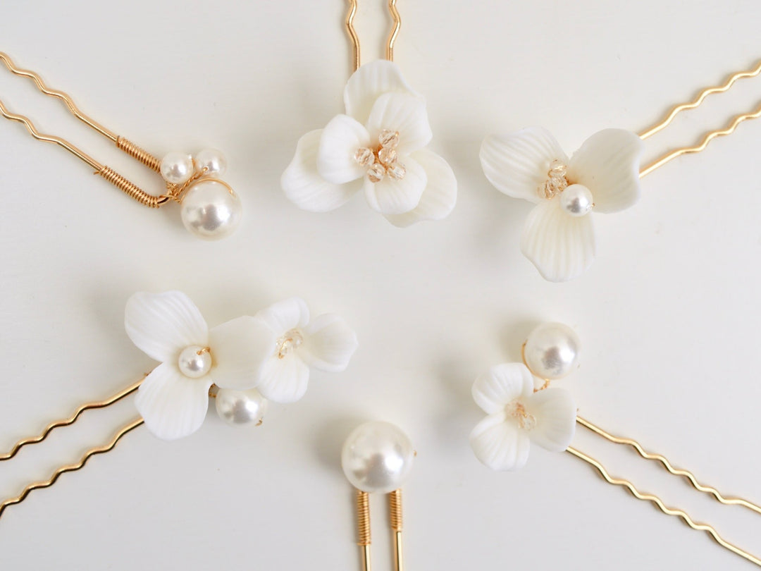 Fleurs Blanches: 6er Haarnadel Set mit Schmuckperlen | Farbe gold oder silber