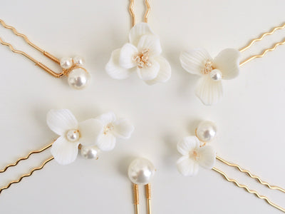 Fleurs Blanches: 6er Haarnadel Set mit Schmuckperlen | Farbe gold oder silber